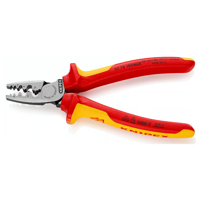 Kìm bấm cose pin rỗng KNIPEX cách điện 1000V, chiều dài 180mm, khả năng bấm cose từ 0.25mm² - 16mm²