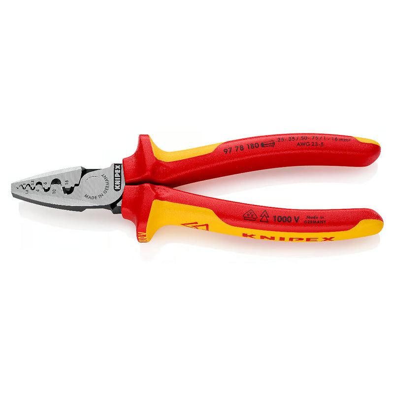 Kìm bấm cose pin rỗng KNIPEX cách điện 1000V, chiều dài 180mm, khả năng bấm cose từ 0.25mm² - 16mm²
