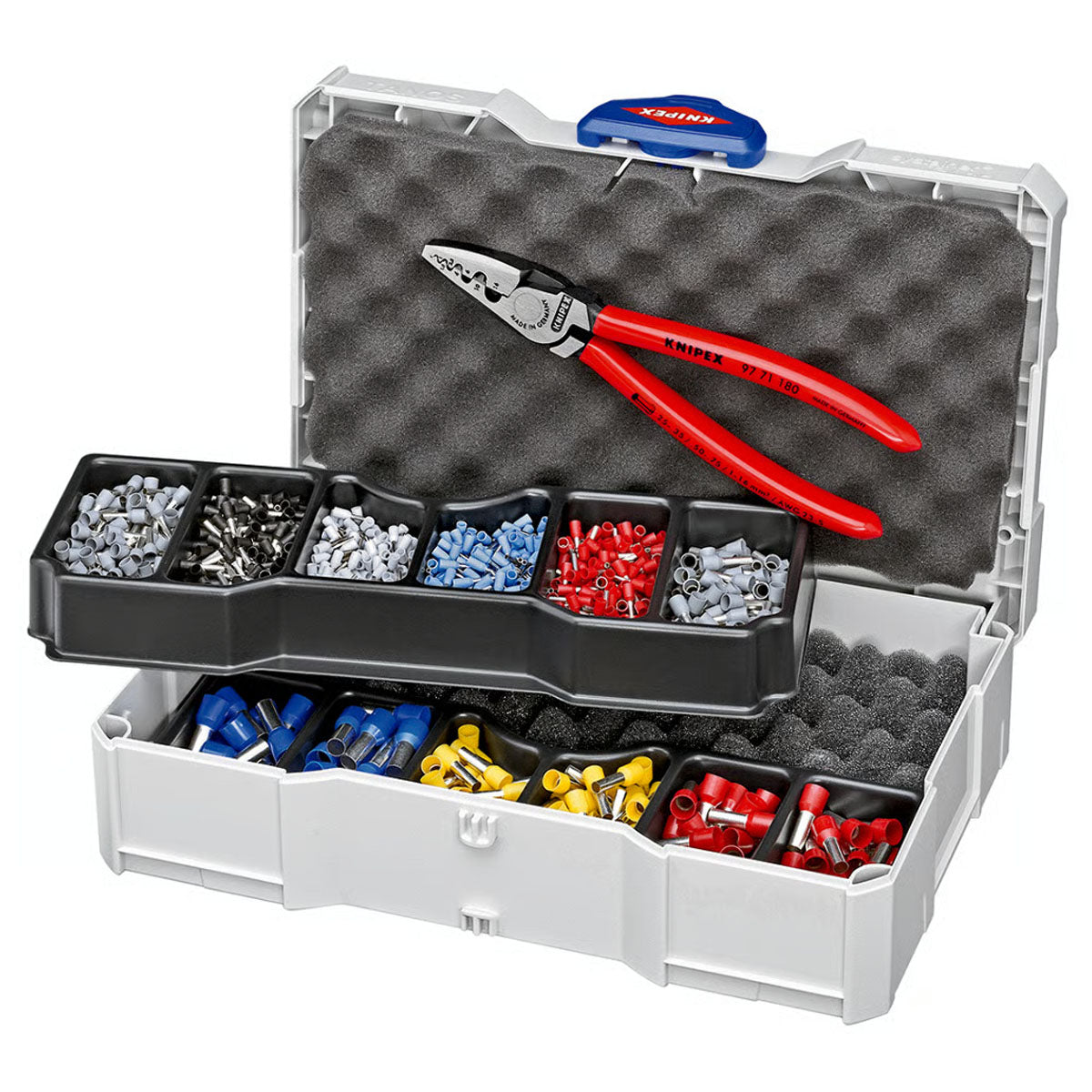 Bộ kìm bấm cose pin rỗng bọc nhựa cách điện và hộp linh kiện KNIPEX 97 90 06