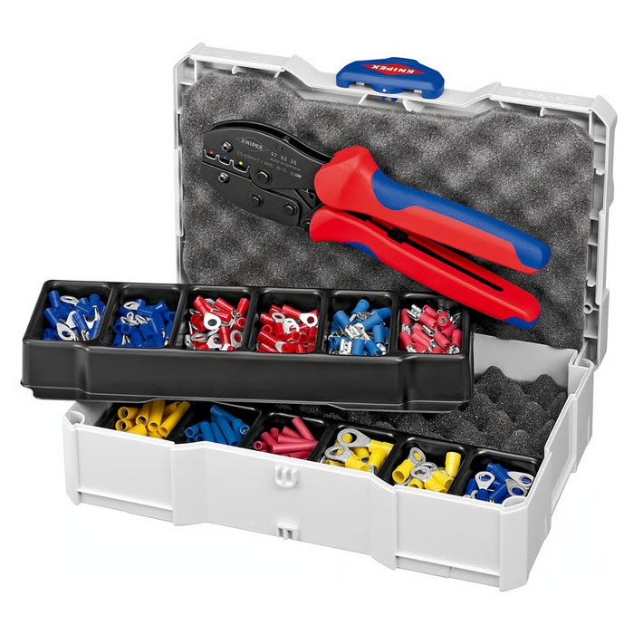 Bộ kìm bấm cose nối thẳng, cose tròn, cose ghim bọc nhựa cách điện và hộp linh kiện KNIPEX 97 90 21