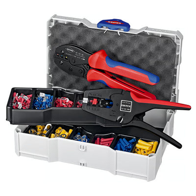 Bộ kìm bấm cose nối thẳng, cose tròn, cose ghim bọc nhựa cách điện và hộp linh kiện KNIPEX 97 90 22