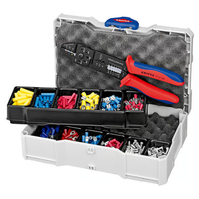 Bộ kìm bấm cose nối thẳng, cose tròn, cose ghim bọc nhựa cách điện và hộp linh kiện KNIPEX 97 90 25
