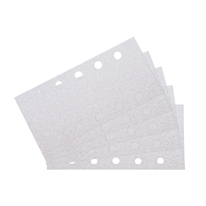 Hộp 5 giấy nhám chữ nhật đục lỗ 115x232mm Makita cho gỗ, kim loại, sơn dùng với đế gai tương thích với máy BO4901 ( Cấp 3 sao )