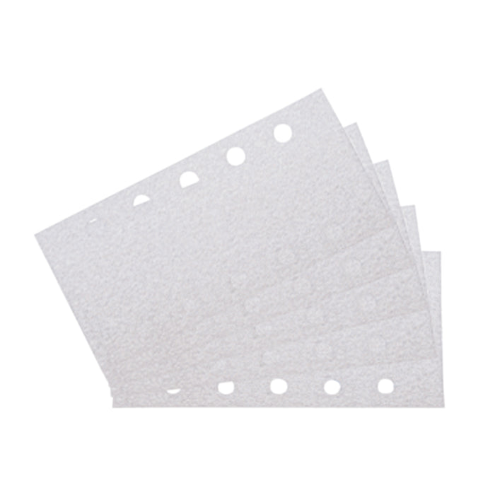 Hộp 5 giấy nhám chữ nhật đục lỗ 115x232mm Makita cho gỗ, kim loại, sơn dùng với đế gai tương thích với máy BO4901 ( Cấp 3 sao )