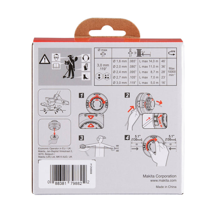 Chén cước cắt cỏ Makita 1911Y2-9 đường kính chén 5 inch, loại nút vặn tháo lắp nhanh (121M10L) trục ren M10x1.25LH, sợi cước 4 cạnh cho cỏ cao