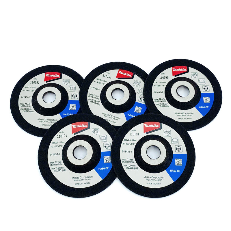 Hộp 5 đá mài kim loại 100mm ( 4 inch ) Makita 794229-5 dày 2.5mm, lỗ cốt 16mm ( 5/8 inch ) cỡ hạt 60 tâm trũng ( Cấp 3 sao )
