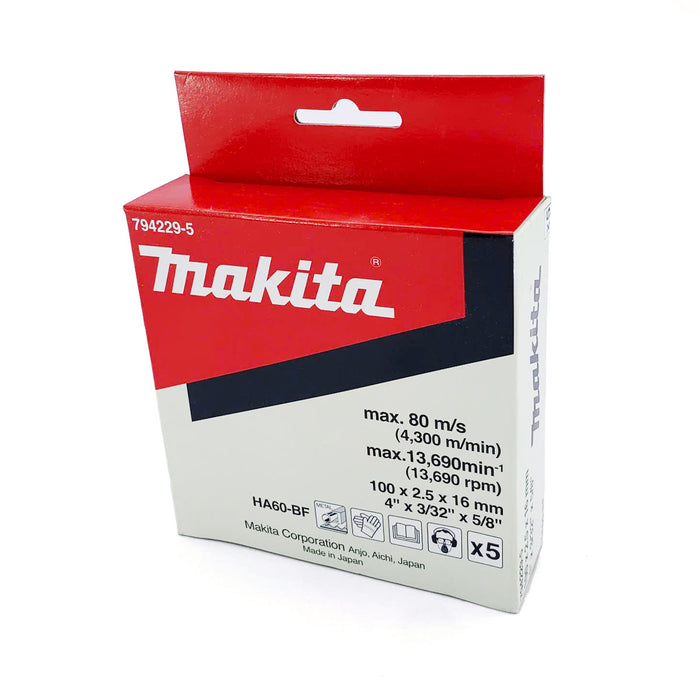 Hộp 5 đá mài kim loại 100mm ( 4 inch ) Makita 794229-5 dày 2.5mm, lỗ cốt 16mm ( 5/8 inch ) cỡ hạt 60 tâm trũng ( Cấp 3 sao )