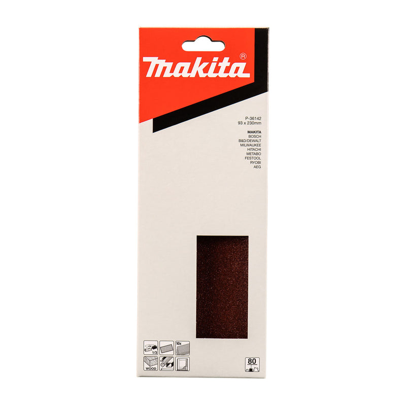 Hộp 10 giấy nhám chữ nhật 93x228mm Makita cho gỗ, tẩy sơn bề mặt tương thích với các máy BO3710, BO3711