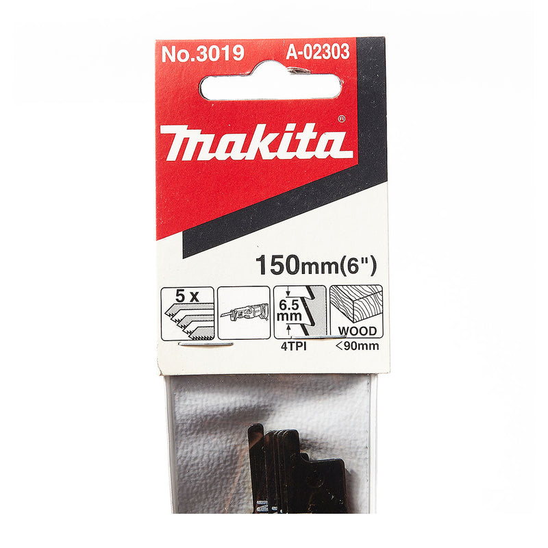 Hộp 5 lưỡi cưa kiếm HCS Makita A-02303 loại cắt nhanh dùng cho gỗ, số răng 4 TPI, chiều dài 150mm ( Cấp 3 sao )