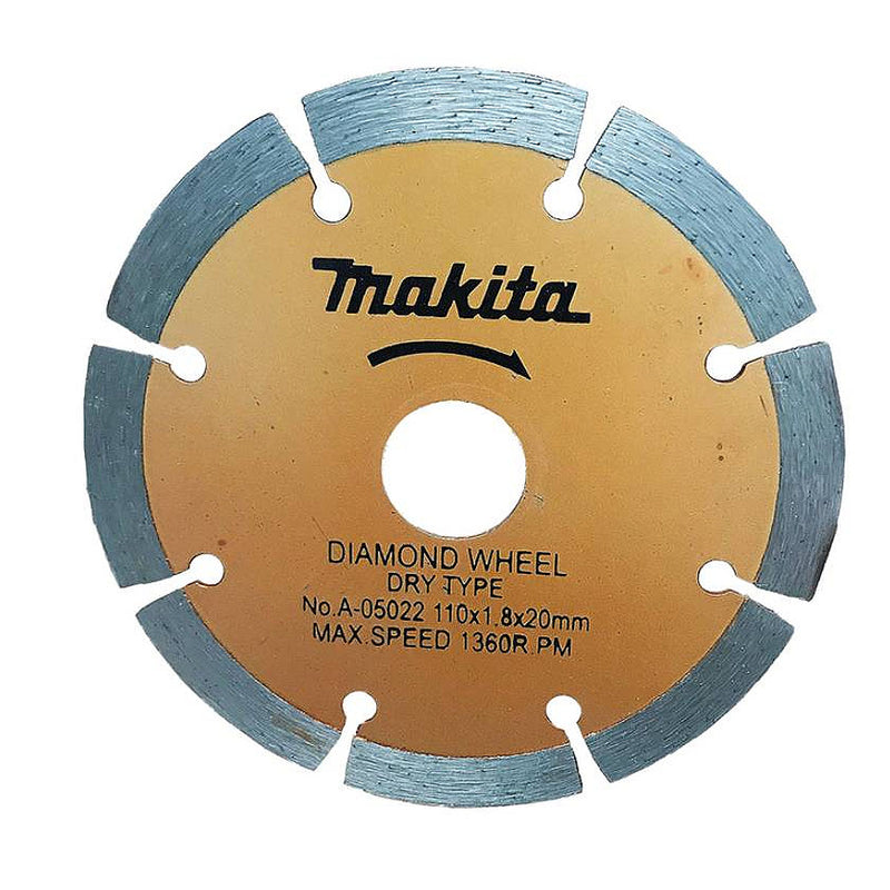 Lưỡi cắt kim cương, kiểu răng phân đoạn Makita A-05022 đường kính lưỡi 110mm, lỗ cốt 20mm, dùng cắt bê tông khô ( Cấp 3 sao )