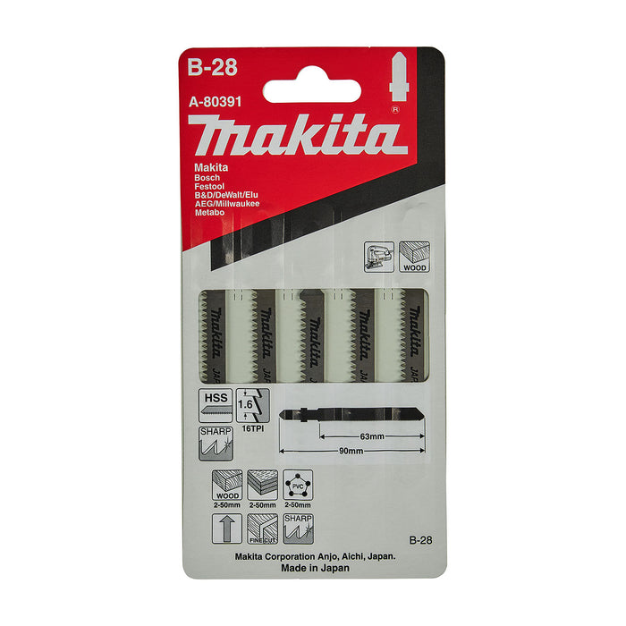 Hộp 5 lưỡi cưa lọng HSS Makita A-80391 dùng cho gỗ, nhựa số răng 16 TPI, chiều dài 90mm đuôi gài kiểu B ( Cấp 3 sao )