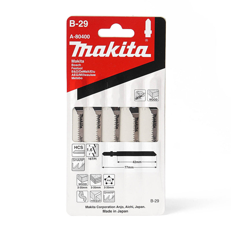 Hộp 5 lưỡi cưa lọng HCS loại cắt nhanh, vết cắt đẹp Makita A-80400 dùng cho gỗ, nhựa số răng 16 TPI, chiều dài 77mm đuôi gài kiểu B ( Cấp 3 sao )