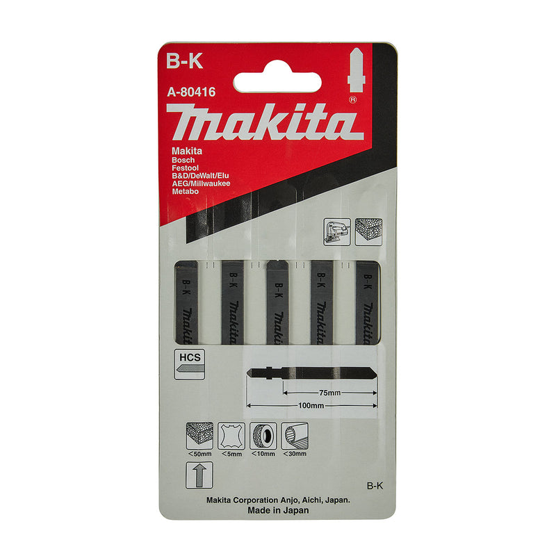 Hộp 5 lưỡi cưa lọng HCS Makita A-80416 dùng cho cắt giấy, nút chai, cao su, da thuộc, chiều dài 100mm đuôi gài kiểu B ( Cấp 3 sao )