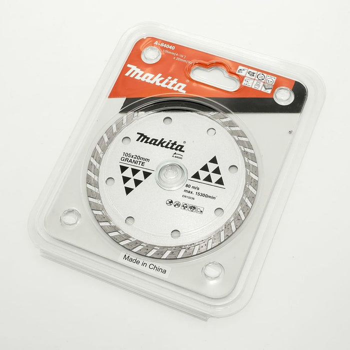 Lưỡi cắt kim cương 105mm kiểu răng gợn sóng Makita A-84040 dùng cho đá hoa cương, lỗ cốt 20mm, cắt khô đạt tiêu chuẩn EN13236 ( Cấp 2 sao )