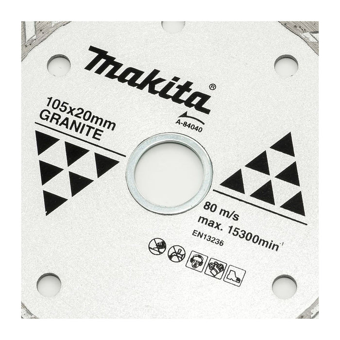 Lưỡi cắt kim cương 105mm kiểu răng gợn sóng Makita A-84040 dùng cho đá hoa cương, lỗ cốt 20mm, cắt khô đạt tiêu chuẩn EN13236 ( Cấp 2 sao )