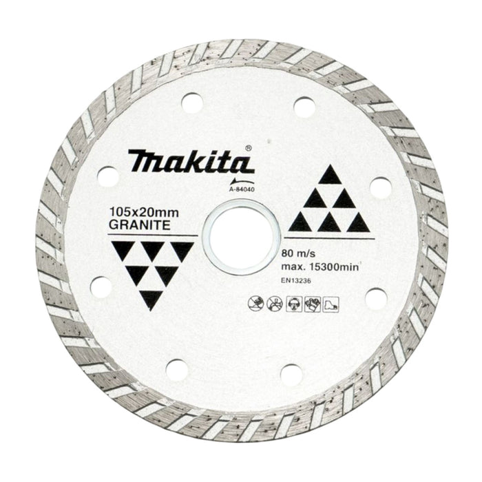 Lưỡi cắt kim cương 105mm kiểu răng gợn sóng Makita A-84040 dùng cho đá hoa cương, lỗ cốt 20mm, cắt khô đạt tiêu chuẩn EN13236 ( Cấp 2 sao )