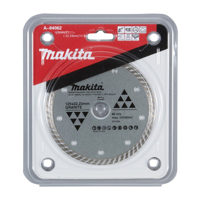 Lưỡi cắt kim cương 125mm kiểu răng gợn sóng Makita A-84062 dùng cho đá hoa cương, lỗ cốt 22.23mm, cắt khô đạt tiêu chuẩn EN13236 ( Cấp 2 sao )