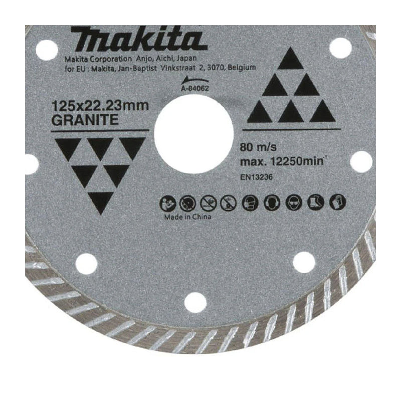 Lưỡi cắt kim cương 125mm kiểu răng gợn sóng Makita A-84062 dùng cho đá hoa cương, lỗ cốt 22.23mm, cắt khô đạt tiêu chuẩn EN13236 ( Cấp 2 sao )