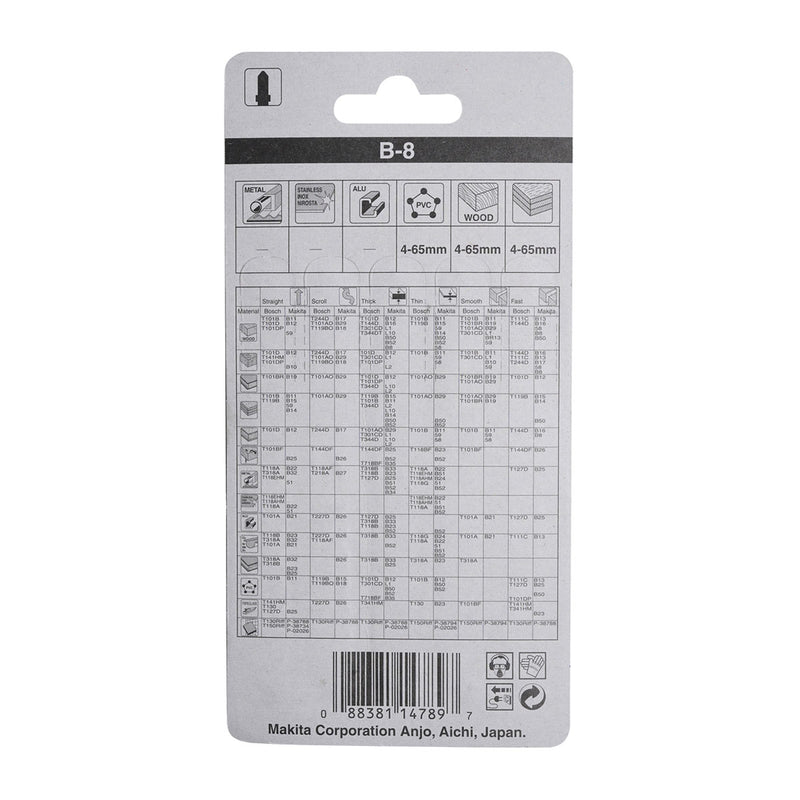 Hộp 5 lưỡi cưa lọng HCS loại cắt nhanh Makita A-85232 dùng cho gỗ, nhựa số răng 8 TPI, chiều dài 105mm, đuôi gài kiểu B ( Cấp 3 sao )