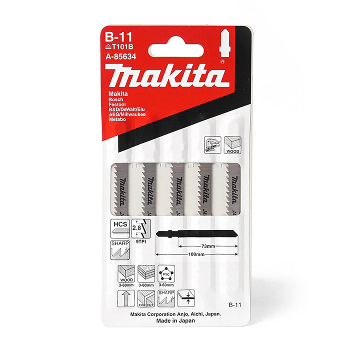 Hộp 5 lưỡi cưa lọng HCS loại cắt nhanh, cho vết cắt đẹp Makita A-85634 dùng cho gỗ, nhựa số răng 9 TPI, chiều dài 100mm, đuôi gài kiểu B ( Cấp 3 sao )