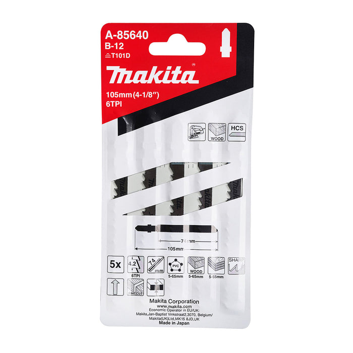 Hộp 5 lưỡi cưa lọng HCS loại cắt nhanh, vết cắt đẹp Makita A-85640 dùng cho gỗ, nhựa số răng 6 TPI, chiều dài 105mm, đuôi gài kiểu B ( Cấp 3 sao )