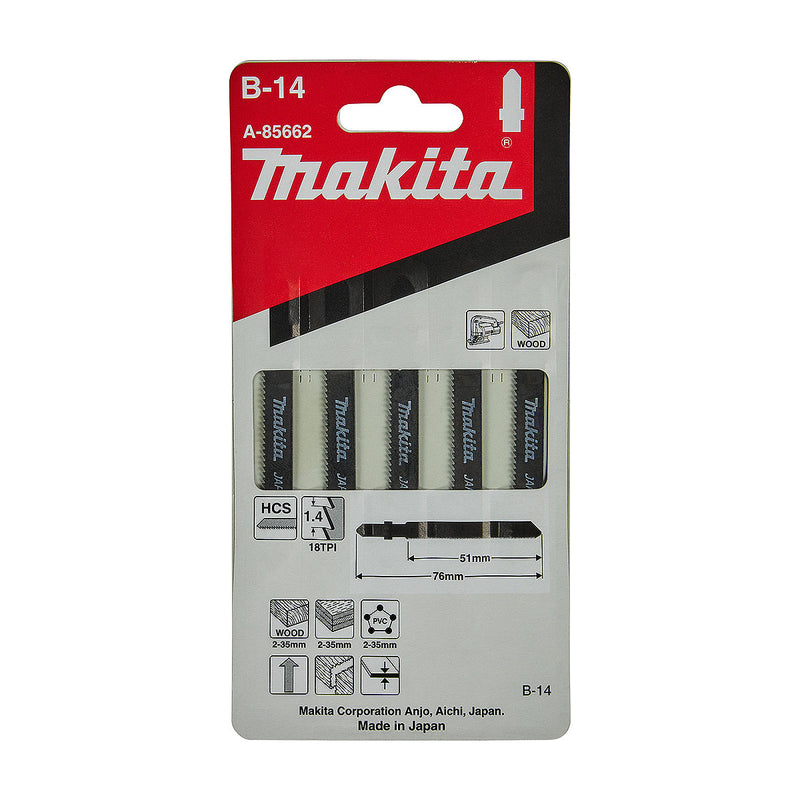 Hộp 5 lưỡi cưa lọng HCS Makita A-85662 dùng cho gỗ, nhựa số răng 18 TPI, chiều dài 76mm, đuôi gài kiểu B ( Cấp 3 sao )