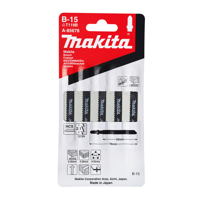 Hộp 5 lưỡi cưa lọng HCS Makita A-85678 dùng cho gỗ, nhựa số răng 12 TPI, chiều dài 76mm, đuôi gài kiểu B ( Cấp 3 sao )