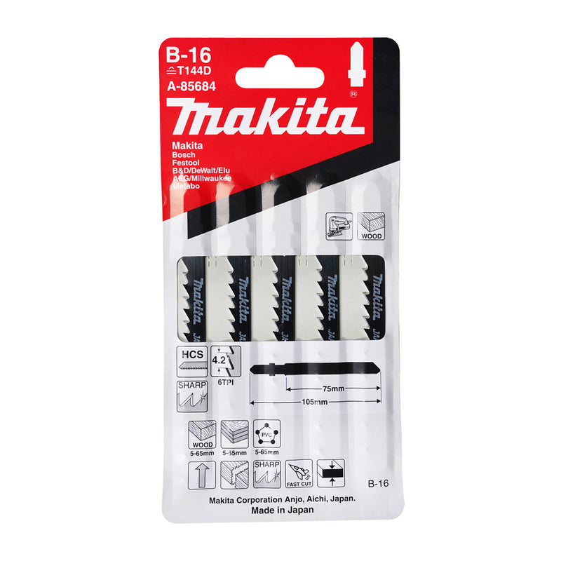 Hộp 5 lưỡi cưa lọng HCS loại cắt nhanh Makita A-85684 dùng cho gỗ, nhựa số răng 6 TPI, chiều dài 105mm, đuôi gài kiểu B ( Cấp 3 sao )