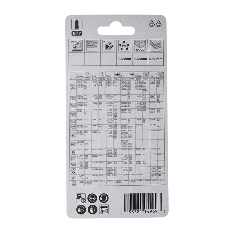 Hộp 5 lưỡi cưa lọng HCS loại cắt nhanh Makita A-85690 dùng cho gỗ, nhựa số răng 6 TPI, chiều dài 105mm, đuôi gài kiểu B ( Cấp 3 sao )