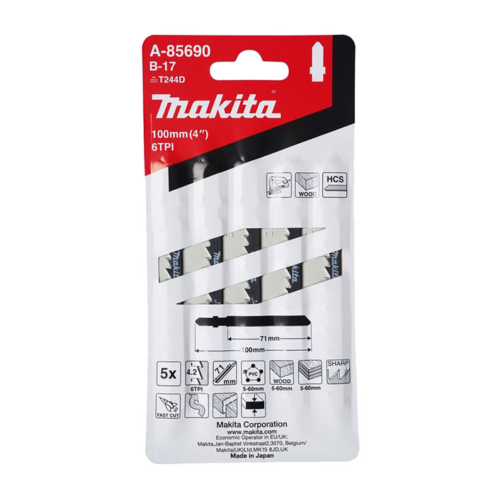 Hộp 5 lưỡi cưa lọng HCS loại cắt nhanh Makita A-85690 dùng cho gỗ, nhựa số răng 6 TPI, chiều dài 105mm, đuôi gài kiểu B ( Cấp 3 sao )