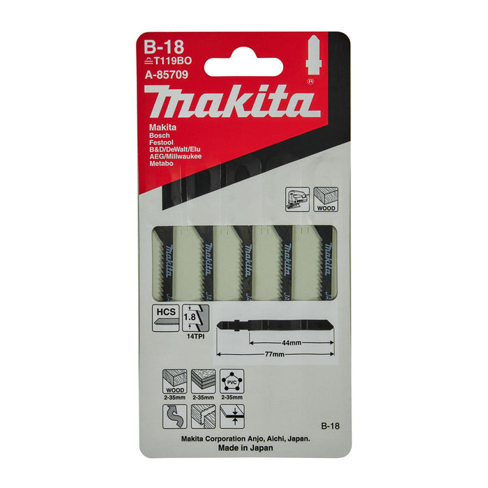 Hộp 5 lưỡi cưa lọng HCS Makita A-85709 dùng cho gỗ, nhựa số răng 14 TPI, chiều dài 77mm, đuôi gài kiểu B ( Cấp 3 sao )
