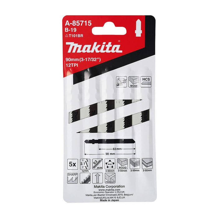 Hộp 5 lưỡi cưa lọng HCS Makita A-85715 dùng cho gỗ, nhựa số răng 12 TPI, chiều dài 90mm, đuôi gài kiểu B ( Cấp 3 sao )