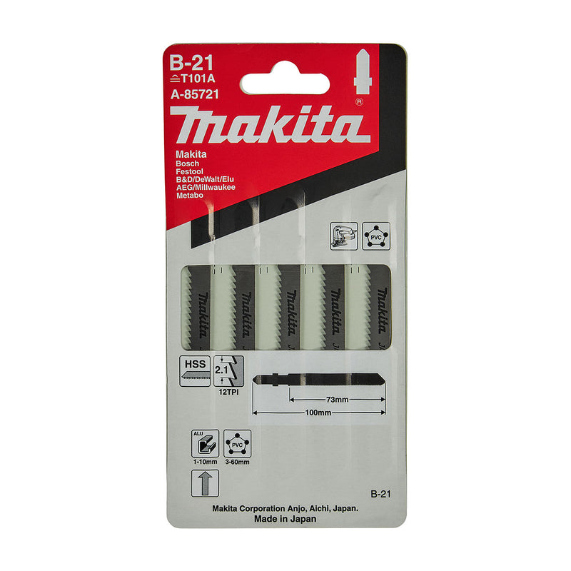 Hộp 5 lưỡi cưa lọng HSS Makita A-85721 dùng cho nhựa, nhôm số răng 12 TPI, 100mm đuôi gài kiểu B ( Cấp 3 sao )