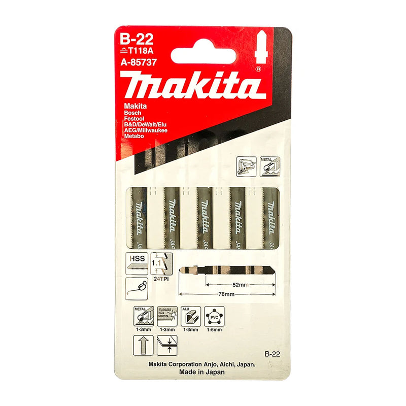 Hộp 5 lưỡi cưa lọng HSS Makita A-85737 dùng cho Inox số răng 24 TPI, chiều dài 76mm đuôi gài kiểu B ( Cấp 3 sao )
