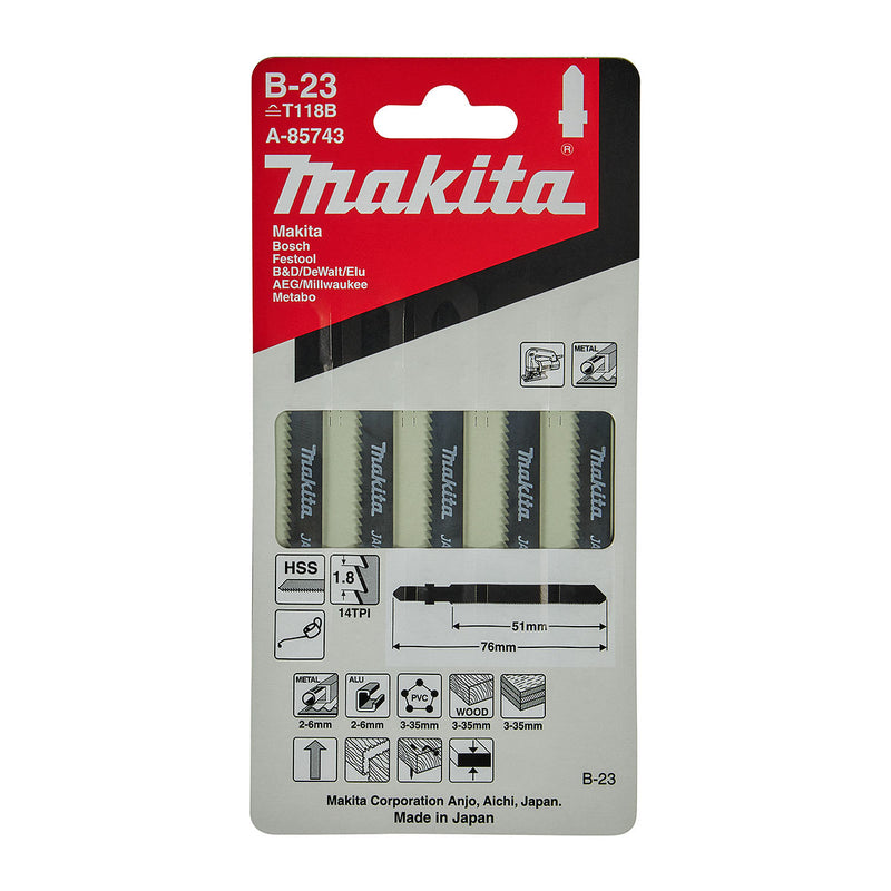 Hộp 5 lưỡi cưa lọng HSS Makita A-85743 cưa đa vật liệu, số răng 14 TPI, chiều dài 76mm đuôi gài kiểu B ( Cấp 3 sao )