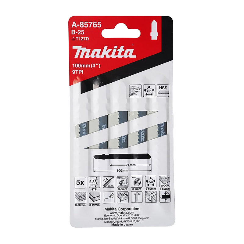 Hộp 5 lưỡi cưa lọng HSS Makita A-85765 cưa đa vật liệu, số răng 9 TPI chiều dài 100mm, đuôi gài kiểu B ( Cấp 3 sao )