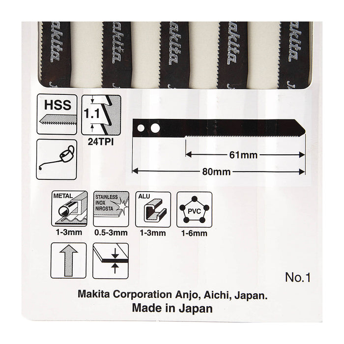 Hộp 5 lưỡi cưa lọng HSS Makita A-85802 dùng cho Inox số răng 24 TPI, chiều dài 80mm đuôi gài kiểu M ( Cấp 3 sao )