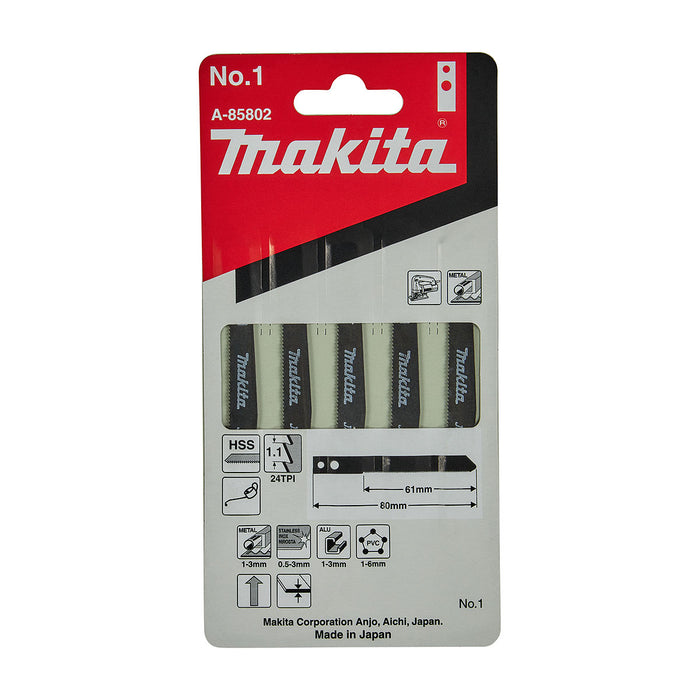 Hộp 5 lưỡi cưa lọng HSS Makita A-85802 dùng cho Inox số răng 24 TPI, chiều dài 80mm đuôi gài kiểu M ( Cấp 3 sao )