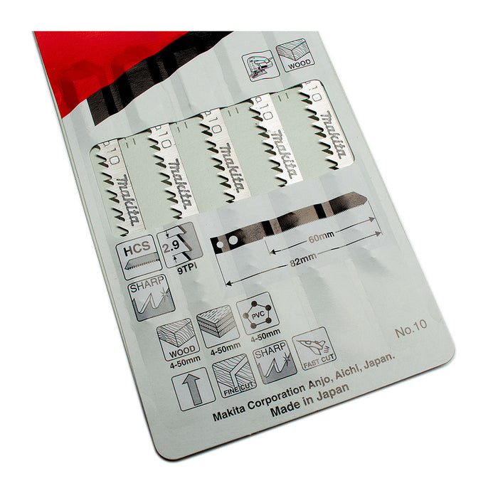 Hộp 5 lưỡi cưa lọng HCS loại cắt nhanh, đường cắt đẹp Makita A-85818 dùng cho gỗ, nhựa số răng 9 TPI, chiều dài 82mm đuôi gài kiểu M ( Cấp 3 sao )