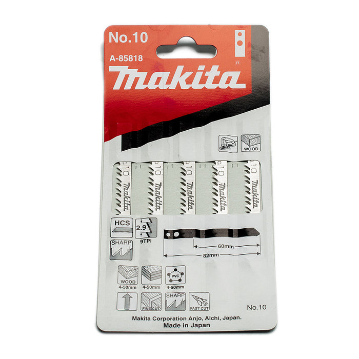 Hộp 5 lưỡi cưa lọng HCS loại cắt nhanh, đường cắt đẹp Makita A-85818 dùng cho gỗ, nhựa số răng 9 TPI, chiều dài 82mm đuôi gài kiểu M ( Cấp 3 sao )