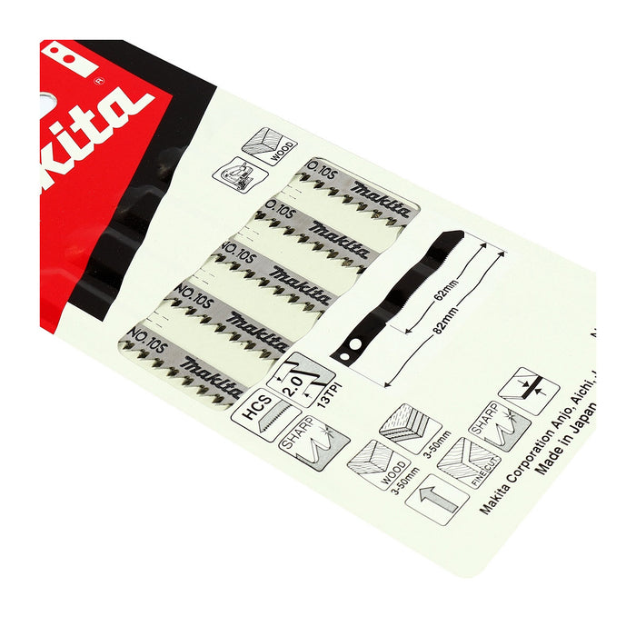 Hộp 5 lưỡi cưa lọng HCS loại cho đường cắt đẹp Makita A-85824 dùng cho gỗ, số răng 13 TPI, chiều dài 82mm đuôi gài kiểu M ( Cấp 3 sao )