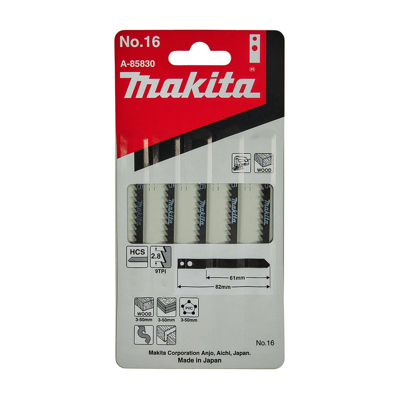Hộp 5 lưỡi cưa lọng HCS Makita A-85830 dùng cho gỗ, nhựa số răng 9 TPI, chiều dài 82mm đuôi gài kiểu M ( Cấp 3 sao )