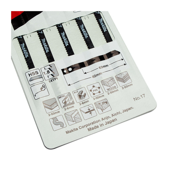 Hộp 5 lưỡi cưa lọng HSS Makita A-85846 dùng cưa đa vật liệu, số răng 14 TPI, chiều dài 82mm, đuôi gài kiểu M ( Cấp 3 sao )