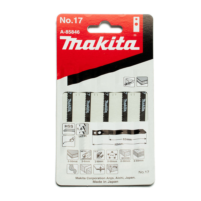 Hộp 5 lưỡi cưa lọng HSS Makita A-85846 dùng cưa đa vật liệu, số răng 14 TPI, chiều dài 82mm, đuôi gài kiểu M ( Cấp 3 sao )