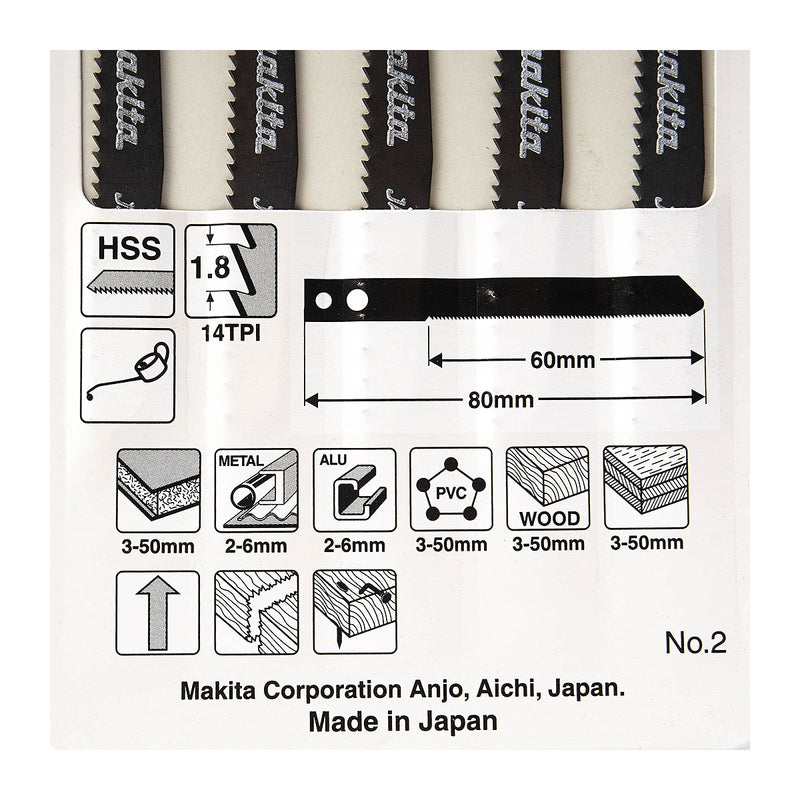 Hộp 5 lưỡi cưa lọng HSS Makita A-85852 dùng cưa đa vật liệu, số răng 14 TPI, chiều dài 80mm đuôi gài kiểu M ( Cấp 3 sao )