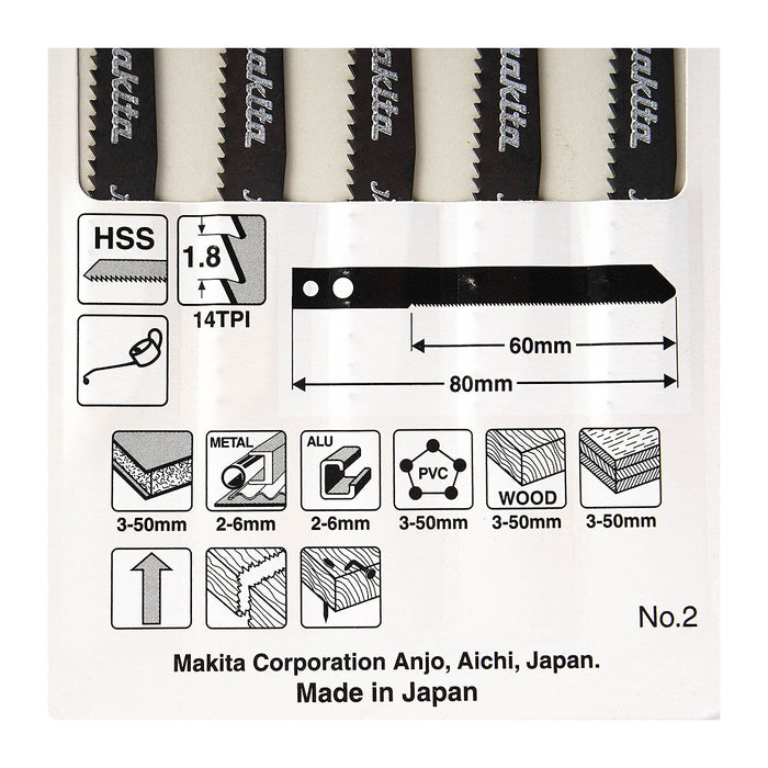 Hộp 5 lưỡi cưa lọng HSS Makita A-85852 dùng cưa đa vật liệu, số răng 14 TPI, chiều dài 80mm đuôi gài kiểu M ( Cấp 3 sao )