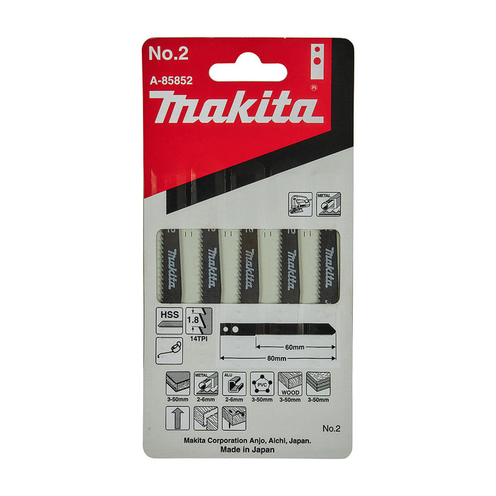 Hộp 5 lưỡi cưa lọng HSS Makita A-85852 dùng cưa đa vật liệu, số răng 14 TPI, chiều dài 80mm đuôi gài kiểu M ( Cấp 3 sao )
