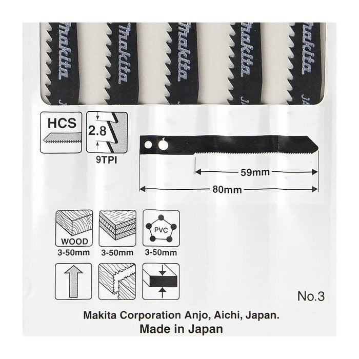 Hộp 5 lưỡi cưa lọng HCS Makita A-85868 dùng cho gỗ, nhựa số răng 9 TPI, chiều dài 80mm đuôi gài kiểu M ( Cấp 3 sao )