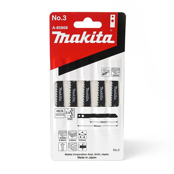 Hộp 5 lưỡi cưa lọng HCS Makita A-85868 dùng cho gỗ, nhựa số răng 9 TPI, chiều dài 80mm đuôi gài kiểu M ( Cấp 3 sao )