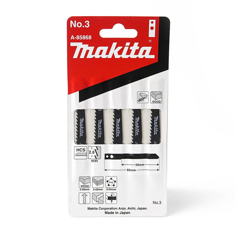 Hộp 5 lưỡi cưa lọng HCS Makita A-85868 dùng cho gỗ, nhựa số răng 9 TPI, chiều dài 80mm đuôi gài kiểu M ( Cấp 3 sao )